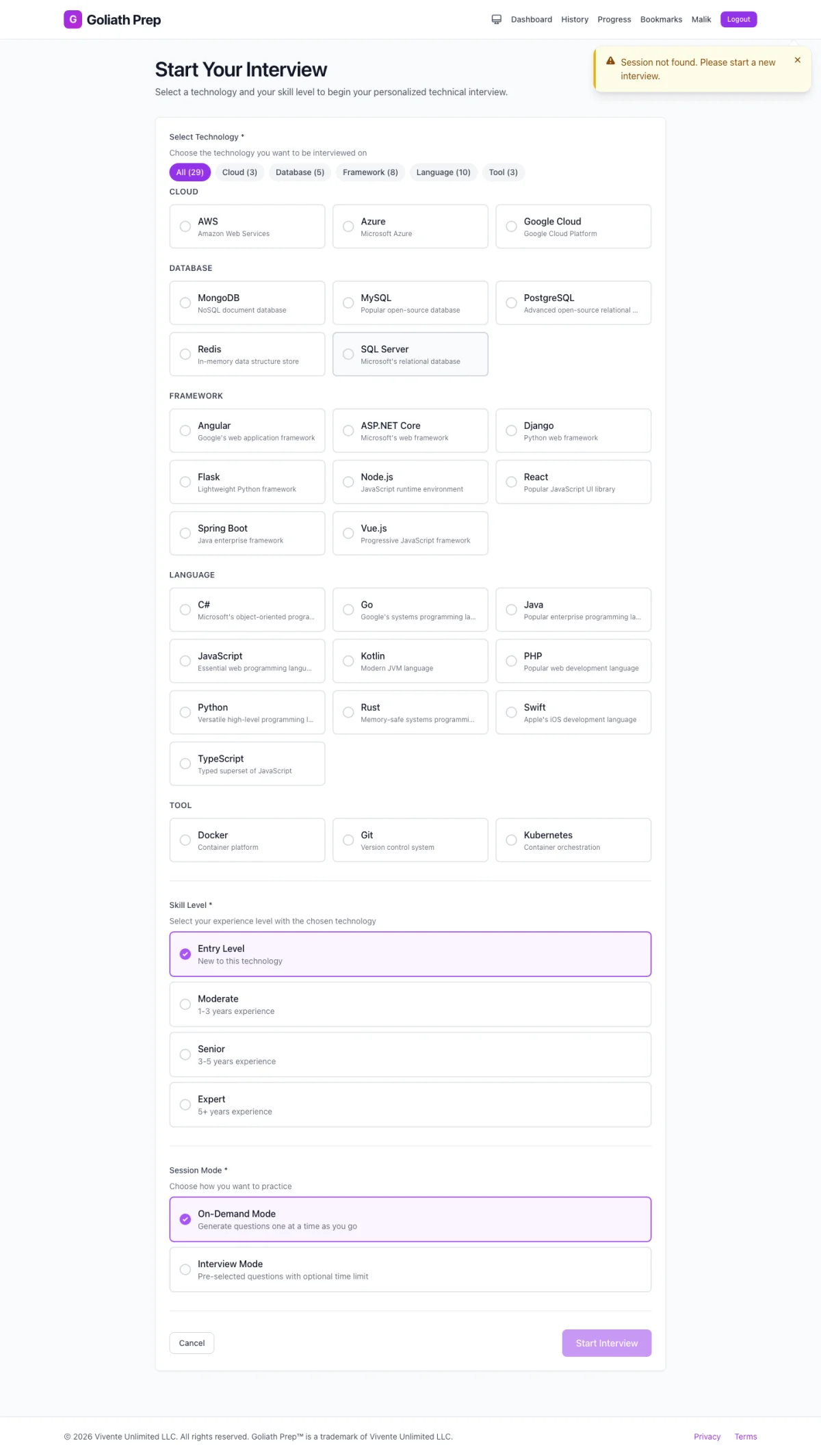 GoliathPrep interview setup showing 29 technologies, skill levels, and session modes